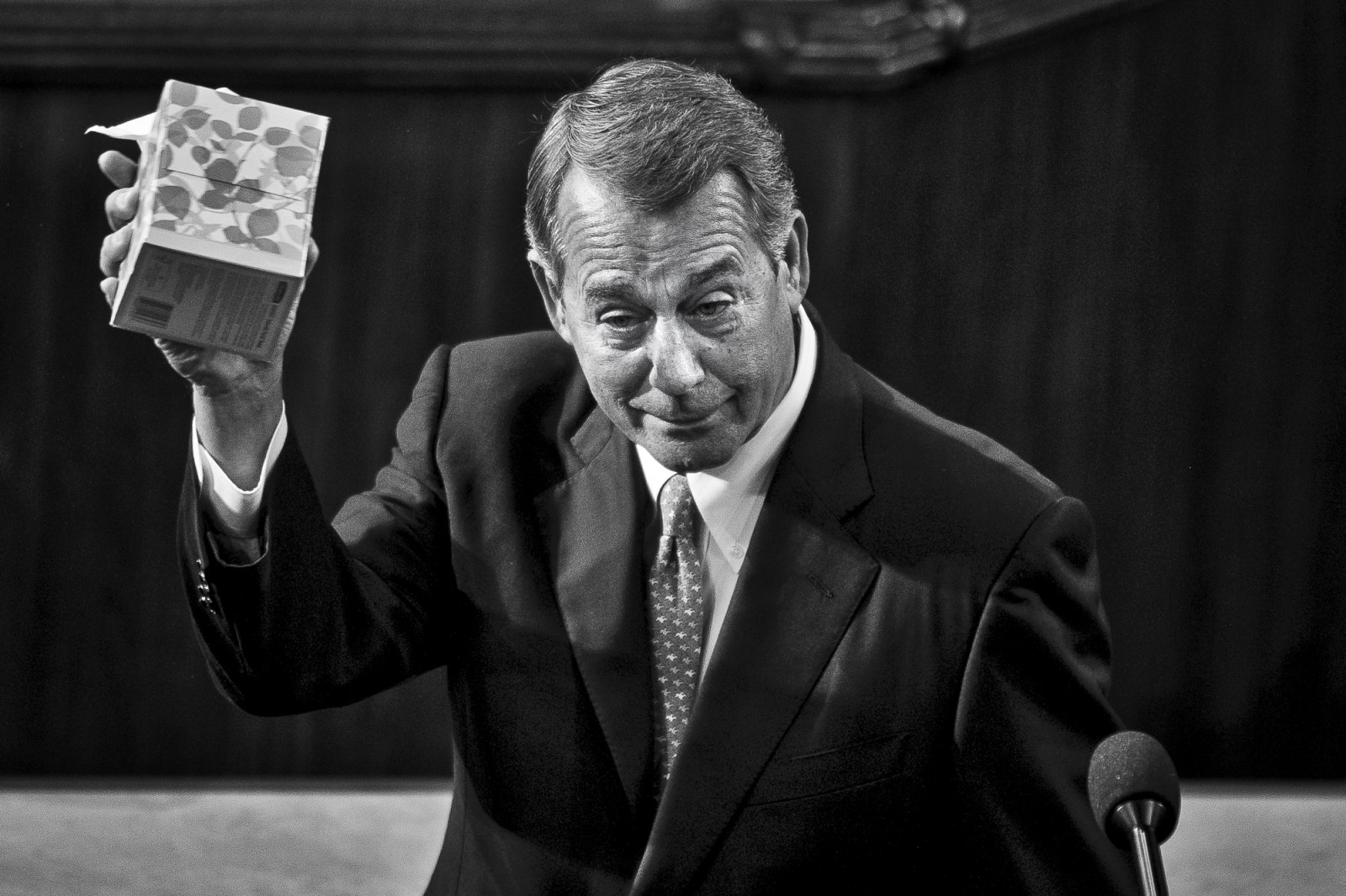 Speaker of the House John Boehner (R-OH) shows off his box of tissue as he prepares to deliver his farewell address to the House of Representatives on October 29, 2015 in Washington, D.C. Following his address, the House of Representatives will vote on Boehner’s replacement for Speaker. Photo by Pete Marovich/UPI