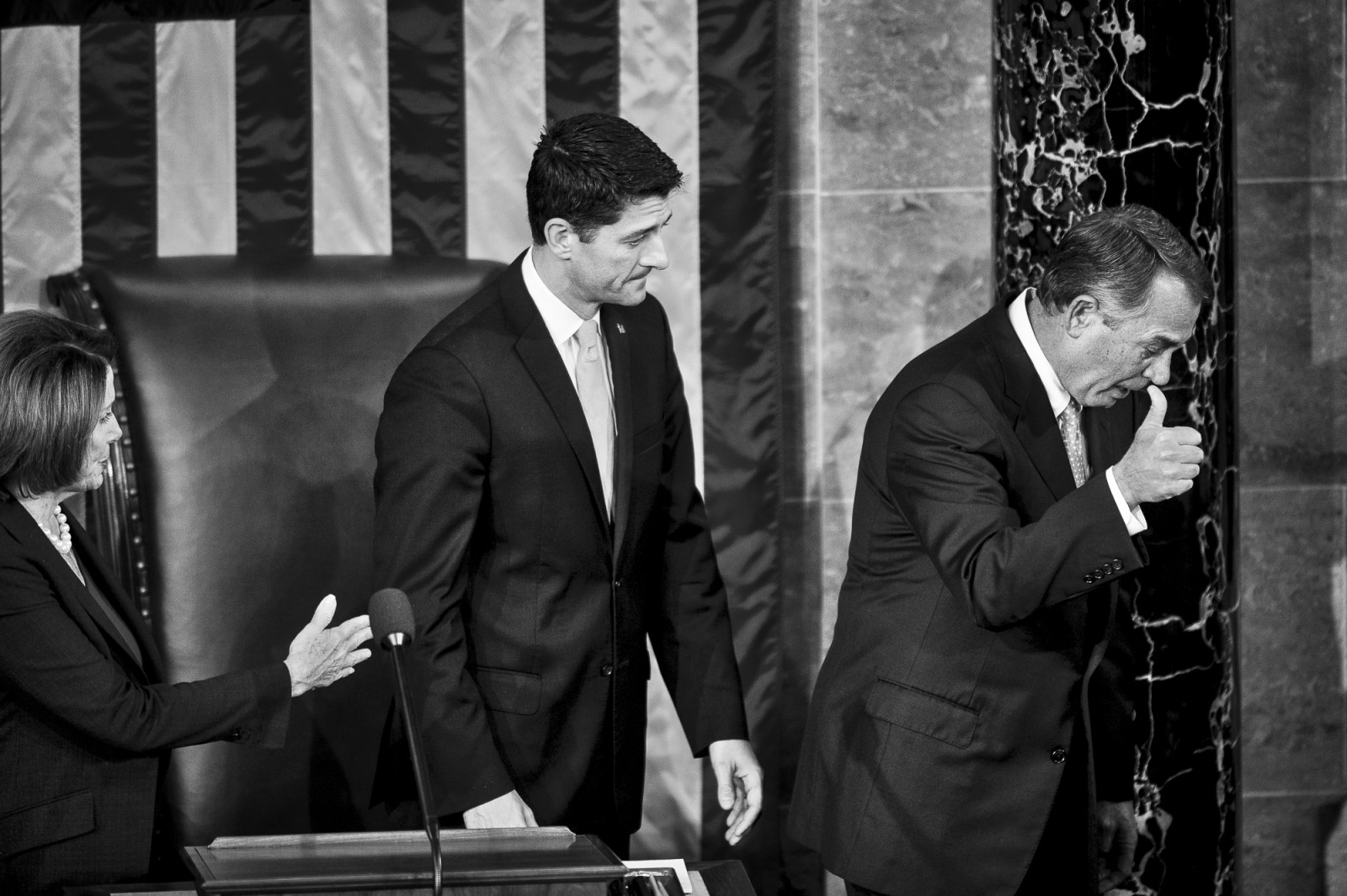 Democratic Minority Leader Nancy Pelosi and Speaker elect Paul Ryan (R-WI) look on as John Boehner (R-OH) leaves the chair for the final time on October 29, 2015 in Washington, D.C. Earlier the outgoing Speaker, Rep. John Boehner (R-OH), gave his farewell address to Congress. He is retiring on October 30, 2015. Photo by Pete Marovich/UPI